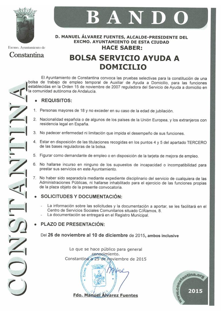 Bando Bolsa Servicio de ayuda a domicilio Noviembre 2015