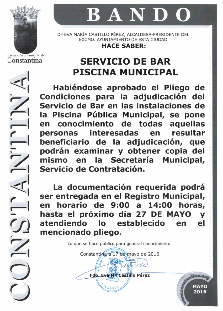 Bando_Servicio Bar Piscina Municipal Constantina 2016
