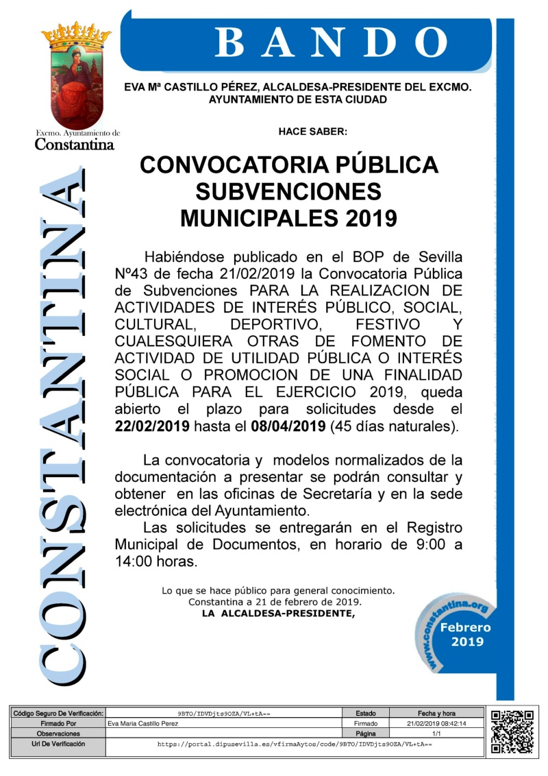 BANDO CONV. SUBVENCIONES MUNICIPALES CONSTANTINA 2019