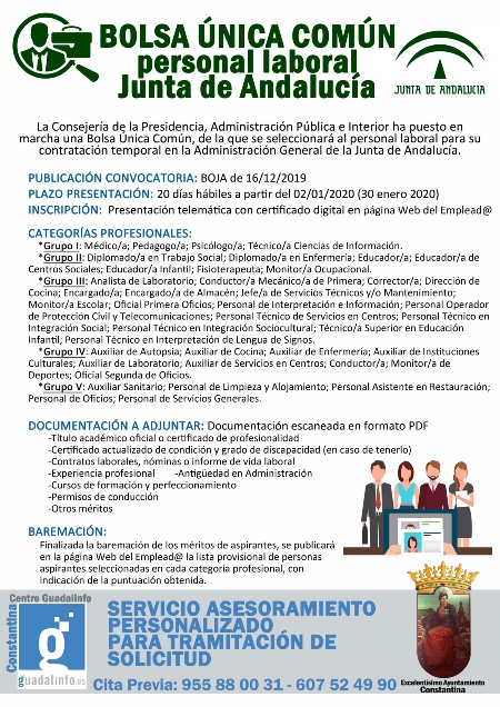 Ayuntamiento Constantina, a través de Centro Guadalinfo Constantina, te ayuda a solicitar, hasta finales de enero, la bolsa única de personal laboral de la Junta Andalucía.